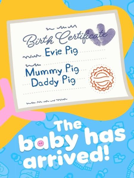 Certidão de nascimento de Evie, irmã caçula de Peppa Pig