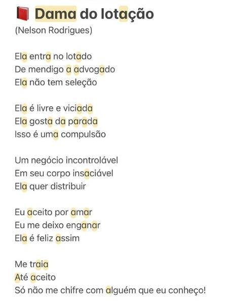 Letra de "A Dama do Lotação", que Tierry compôs baseado em Nelson Rodrigues - Arquivo pessoal/Tierry