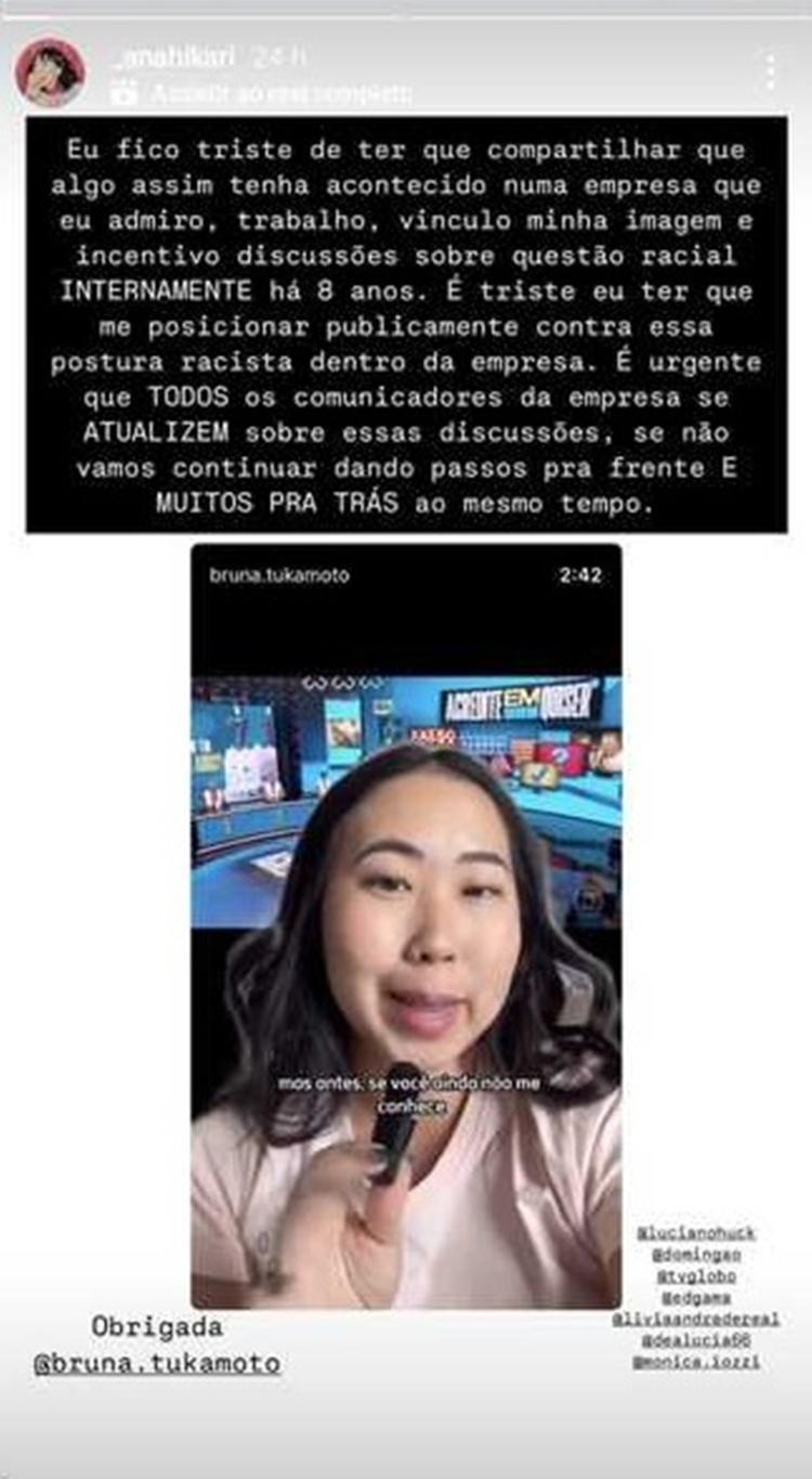 Ana Hikari compartilha vídeo com acusação de racismo no Domingão com Huck