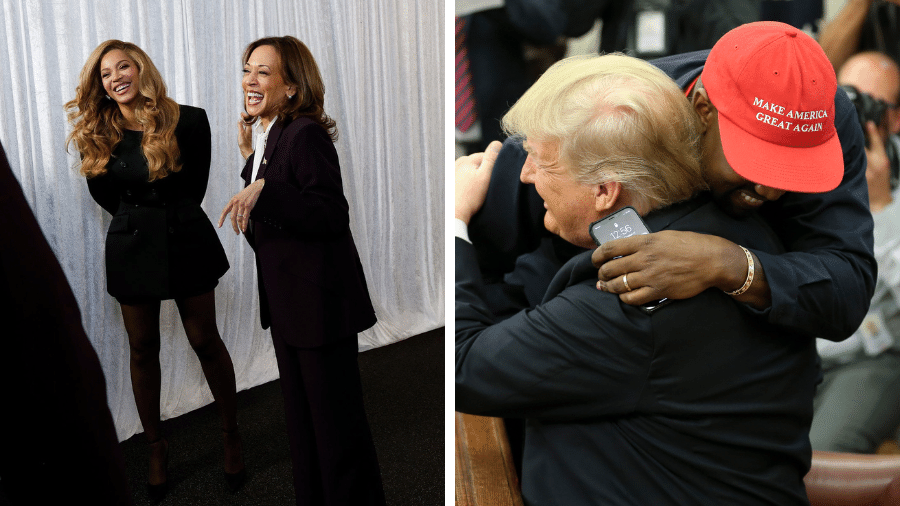 De um lado, Beyoncé posa com Kamala, do outro Ye (Kanye West) abraça Donald Trump - Reprodução/Instagram/@beyonce e Oliver Contreras - Pool/Getty Images