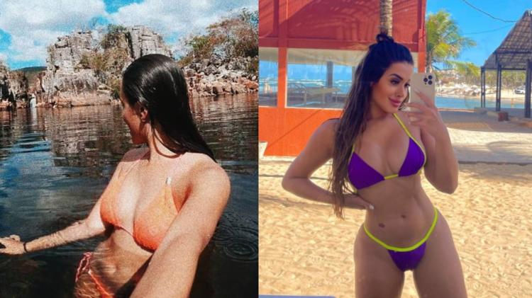 Jordana em 2018, ainda sem implante de silicone nas mamas; ao lado, em 2023, após cirurgias