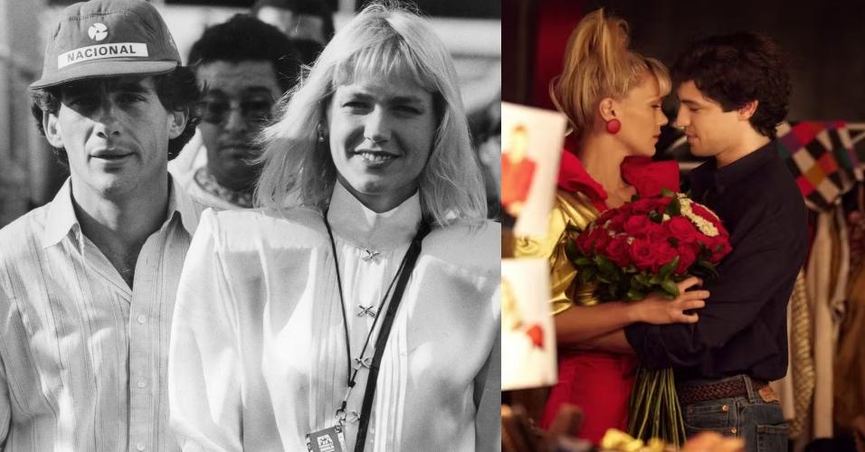 Ayrton Senna e Xuxa Meneghel; ao lado Pâmela Tomé e Gabriel Leone representando a apresentadora e o piloto