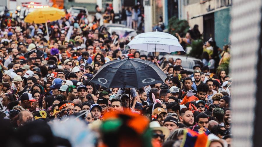 Guarda-chuva aberto durante desfile do Bloco do Beco, em SP - Jeferson Delgado/UOL
