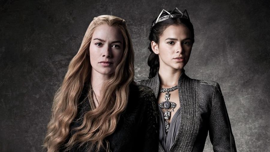 Na montagem, a personagem Cersei (Lena Headey), da série norte-americana Game of Thrones, está ao lado de sua versão brasileira, Catarina (Bruna Marquezine), da novela Deus Salve o Rei - Arte/TAB