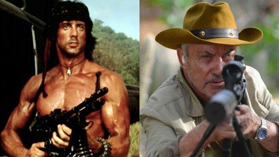 Rambo enfrenta o exército norte-americano no filme original, Udo Kier lidera grupo de americanos no filme Bacurau - Arte UOL
