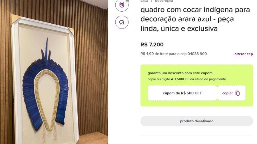 Anúncio de quadro com cocar indígena no site Enjoei