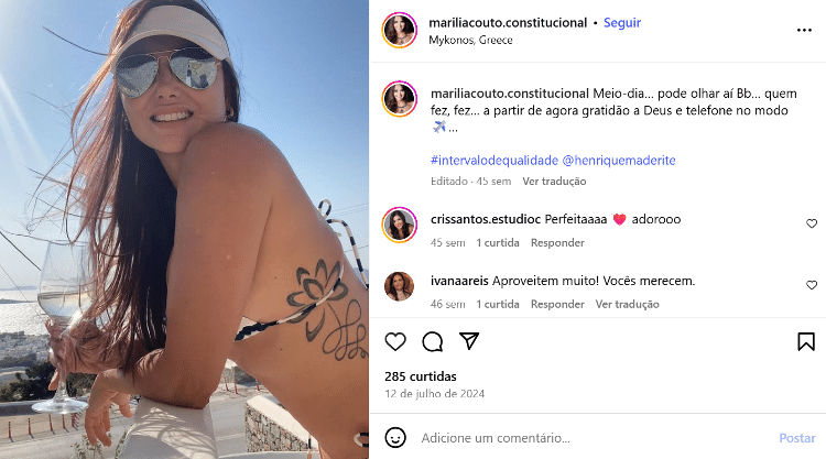 Post de Marília Leite na sexta 12 de julho de 2024, na Grécia, com a legenda: 'Meio-dia... pode olhar aí Bb... quem fez, fez... a partir de agora gratidão a Deus e telefone no modo [avião]'