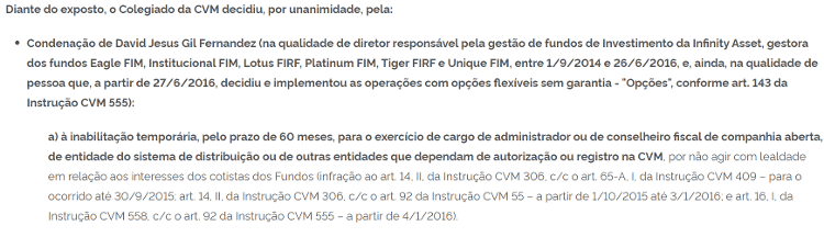 Trecho da condenação de David Fernandez na CVM