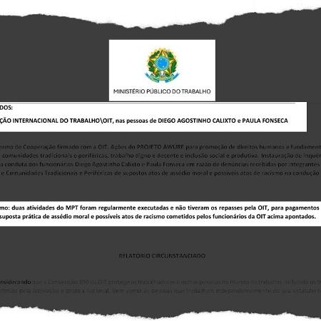 Fac-símile da primeira página do relatório do MPT sobre supostos casos de assédio moral e racismo cometidos por dois funcionários da OIT