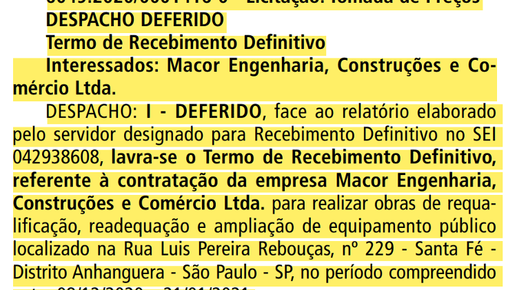 Diário Oficial cita obra 'de equipamento público localizado na rua Luis Pereira Rebouças'