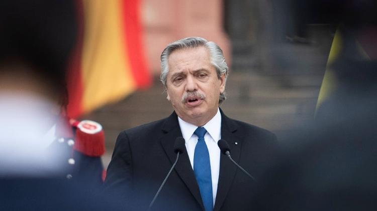 O presidente argentino Alberto Fernández, durante visita do primeiro-ministro espanhol Pedro Sánchez à Casa Rosada, em Buenos Aires - Matias Baglietto/NurPhoto via Getty Images - Matias Baglietto/NurPhoto via Getty Images