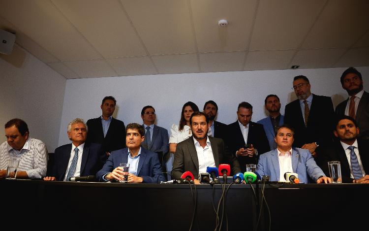 Coletiva de imprensa com o novo presidente do partido União Brasil, Antônio Rueda (ao centro)