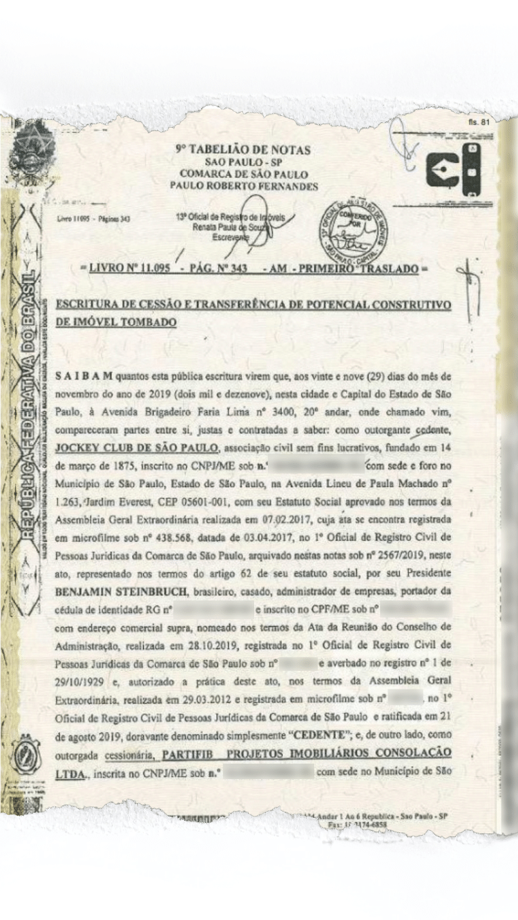 Acordo registrado em cartório entre Jockey, representado por Steinbruch, e Partifib