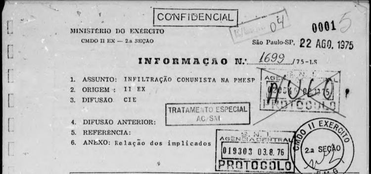 Documento confidencial da ditadura sobre investigação de infiltração comunista na PM de SP