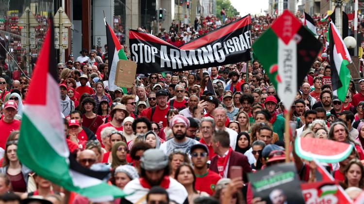 Ato pró-Palestina em Bruxelas, Bélgica, no domingo (15) Ato pró-Palestina em Bruxelas, Bélgica, no domingo (15)