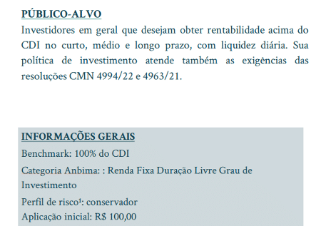 Informações do fundo Infinity Select, com público-alvo e perfil (conservador)