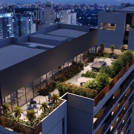 Perspectiva do rooftop do projeto Do It Faria Lima, licenciado como 'moradia social' Perspectiva do rooftop do projeto Do It Faria Lima, licenciado como 'moradia social'