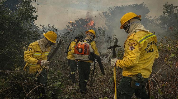 Brigadistas do Prevfogo do Ibama combatem incêndio às margens do Rio Paraguai, em Corumbá (MS)