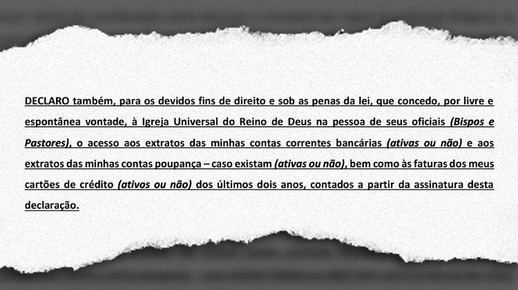 Trecho do documento que a Igreja Universal do Reino de Deus tem obrigado pastores solteiros a assinar