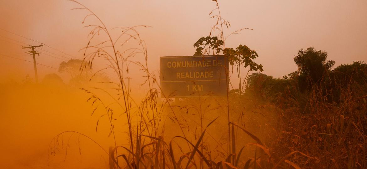 Poeira cobre BR-319, placa e vegetação no distrito de Realidade, localizado na parte de terra da rodovia que leva para Manaus - Caio Guatelli/UOL