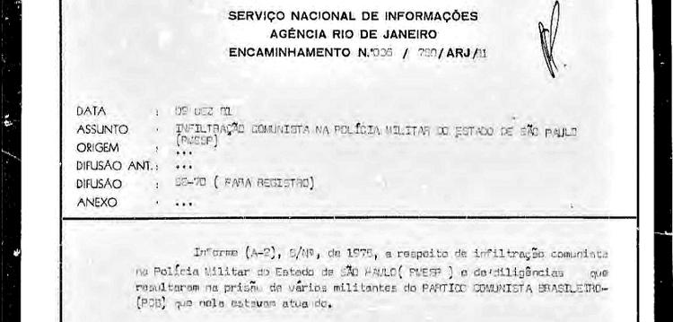 Documento do Serviço Nacional de Informação sobre investigação de PMs de SP comunistas