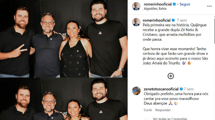 Z&eacute; Neto e Cristiano posam com prefeito Romerinho (ao centro, de &oacute;culos) depois de show da dupla em Quijingue. 