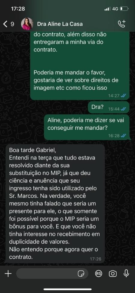 Troca de mensagens entre Gabriel Godoy e a advogada da equipe de Pablo Marçal