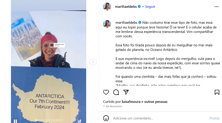 Post de Martha Debs referente a viagem à Antárdida em fevereiro de 2024 Post de Martha Debs referente a viagem à Antárdida em fevereiro de 2024