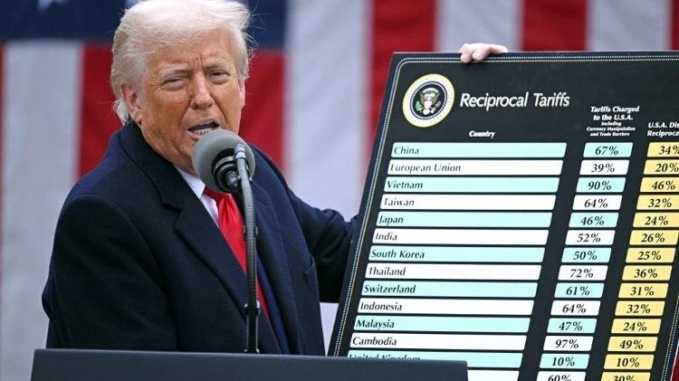 O presidente Donald Trump anuncia tarifaço em 2 de abril de 2025