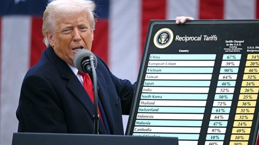 Presidente Donald Trump anuncia tarifaço, em 2 de abril de 2025 Presidente Donald Trump anuncia tarifaço, em 2 de abril de 2025
