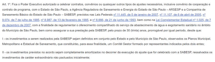 Trecho da Lei 14.934 de 2009, que viabilizou o contrato da cidade de São Paulo com a Sabesp