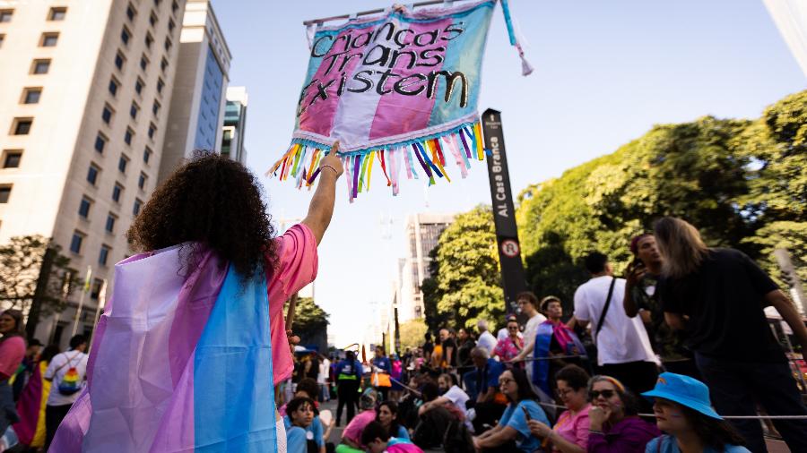 "Crianças trans existem", diz bandeira erguida na Parada do Orgulho LGBT de 2023, em SP - Daniela Toviansky/UOL