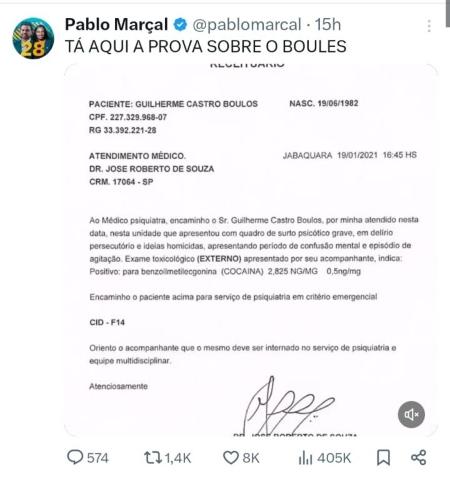 Laudo falso sobre Boulos em perfil verificado de Pablo Marçal no X