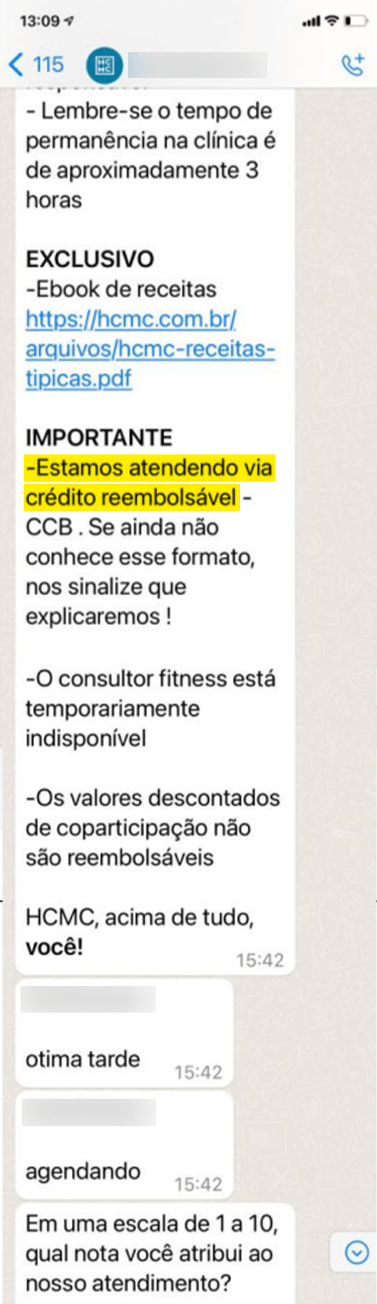 Conversa entre uma cliente e uma atendente da HCMC sobre reembolso assistido, prática ilegal