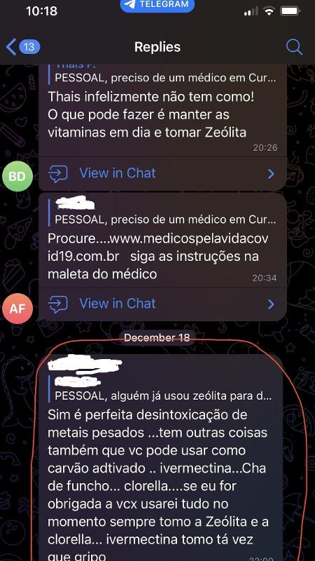 Conversa de Telegram sobre detox vacinal - Reprodução/Telegram - Reprodução/Telegram