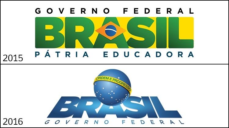 As duas últimas marcas do governo federal: retangular com foco verde e amarelo na gestão de Dilma Rousseff e a estética futurista de Michel Temer - Divulgação