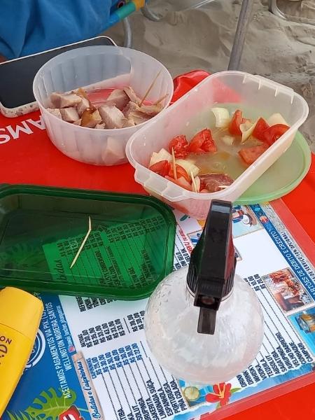 Família preparou comida e levou álcool em gel para a praia