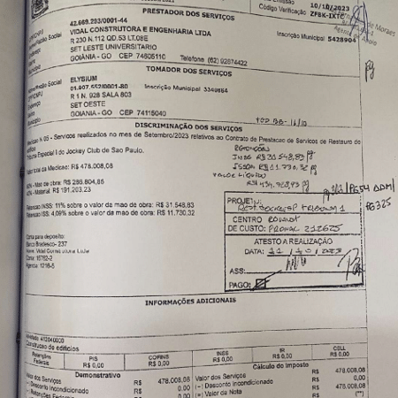 Prestação de contas do Jockey incluiu nota fiscal de R$ 478 mil da construtora Vidal
