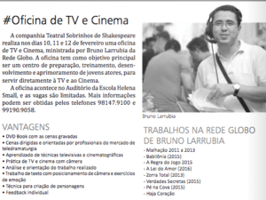 Publicity note for Bruno Larubia's Television and Film Workshop in Rio Grande (RS), in 2017 - Reproduction / Journal Agora - Reproduction / Journal Agora