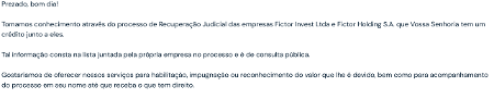 Trecho do email intitulado 'recuperação de seu crédito' Trecho do email intitulado 'recuperação de seu crédito'