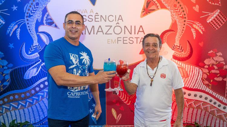 Rossy Amoedo, presidente do Caprichoso, e Fred Góes, do Garantido, durante evento que lançou o Festival de Parintins 2025