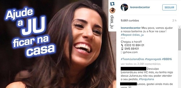 22.fev.2015 - Leonardo faz campanha pela permanência de Juliana no "BBB16" - Reprodução/Instagram/leonardocantor