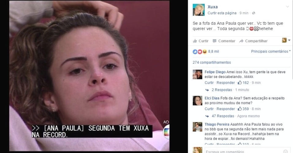 29.fev.2016 - A apresentadora Xuxa aproveitou a divulgação de Ana Paula em sua antiga emissora e publicou no Facebook: 