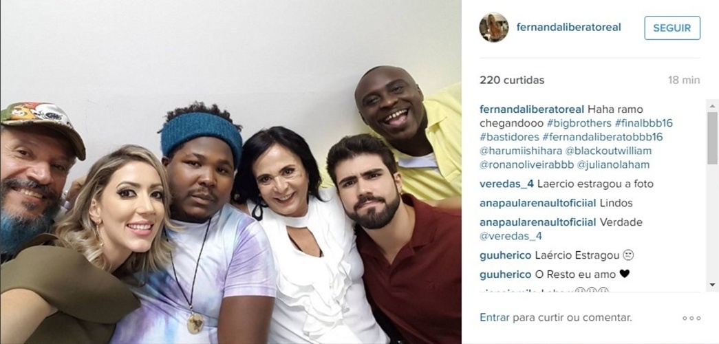 5.abr.2016 - Laércio, Fernanda, Ronan, Harumi, Juliano Laham e William se reúnem nos Estúdios Globo para a grande final do "BBB16", que será disputada por Munik e Cacau - Reprodução/Instagram/fernandaliberatoreal