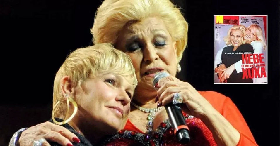 Xuxa Meneghel abraçada com Hebe Camargo num show e acima uma montagem com a capa da revista Manchete