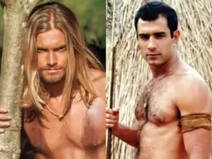 Humberto Martins, Cláudio Heinrich e Marcos Pasquim na novela Uga Uga, exibida pela Globo entre 2000 e 2001