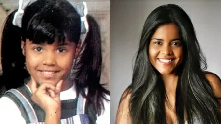 Montagem de fotos de Giselle Medeiros na época de Chiquititas e atualmente