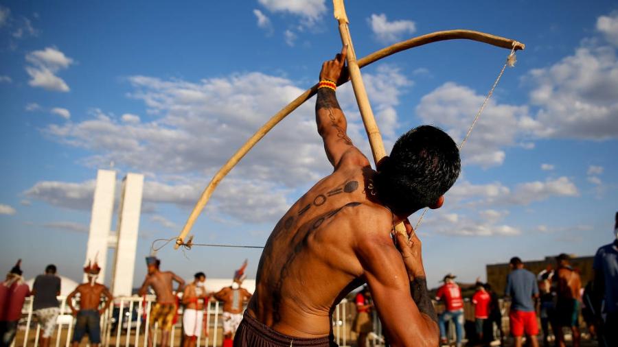 Protesto de indígenas contra o marco temporal, em Brasília, em 2021