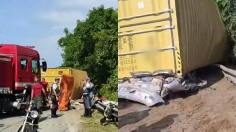 Container de caminhão esmagou carro das vítimas, que morreram no local