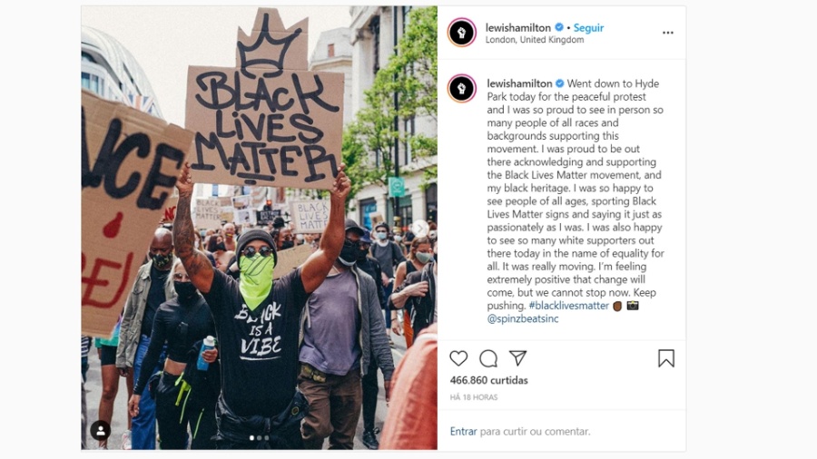 Lewis Hamilton participa de protesto antirracista em Londres - Reprodução/Instagram